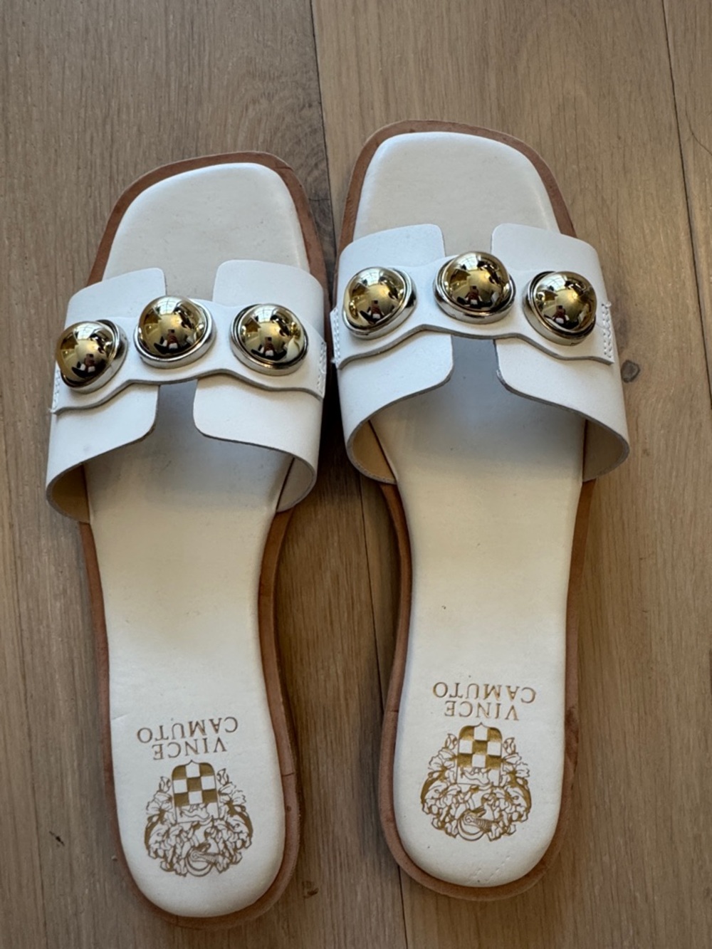 Vince Camuto White Leather Slide Mules with Gold Domes